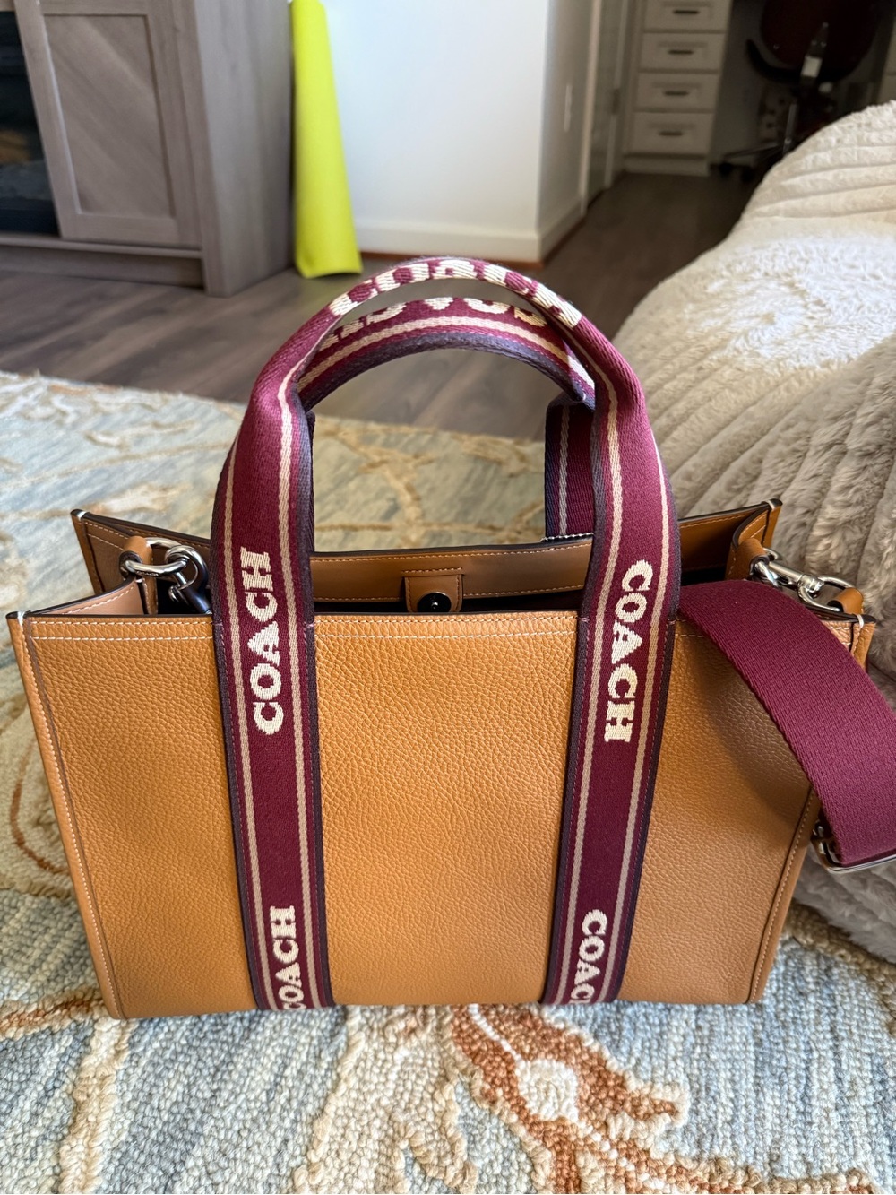 COACH Smith Pebbled Leather Tote with Burgundy Logo Strap